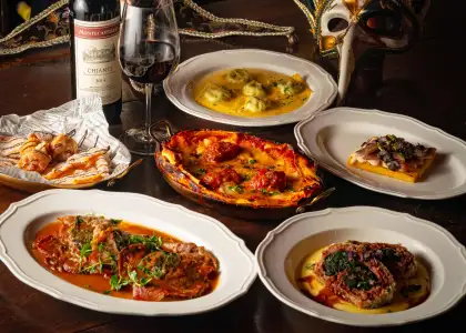 A spread of Italian dishes inspired by Venice's iconic Carnival