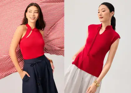 A photo of models wearing red, mandarin collared tops