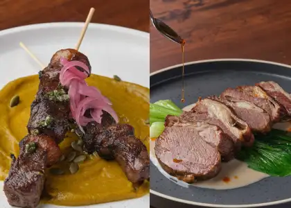 A grilled fish dish and a lamb dish