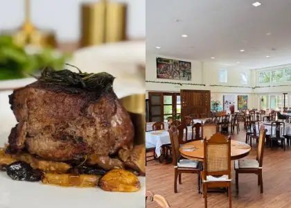 A roast chicken and the interior of The Dining Room