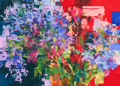 An artwork with florals, reds, and leaves