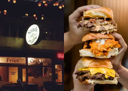 A photo of Scratch's signage and three burgers