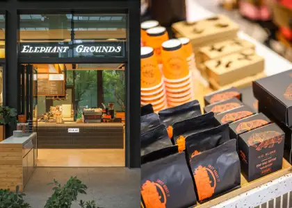 The store front of Elephant Grounds and their coffee beans