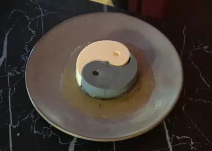 A yin-yang shaped pudding