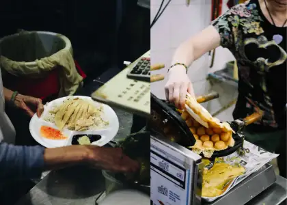 A photo of hainanese chicken rice and egg waffles