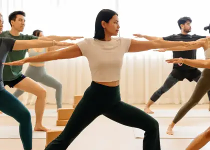 A photo of a group in a yoga class