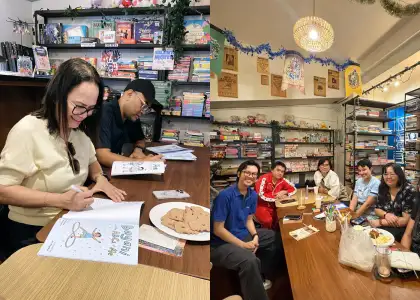 A photo of people in a book cafe