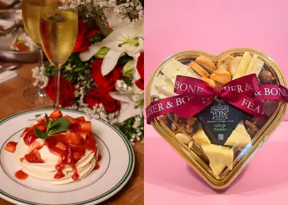 A pavlova and a heart-shaped gift platter