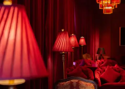 Red interiors with vintage lamps