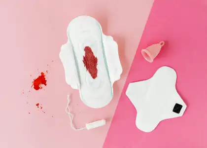 Menstrual pads, a tampon, and a menstrual cup