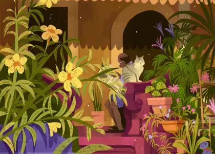A digital artwork with flowers, a man in the middle, and other plants