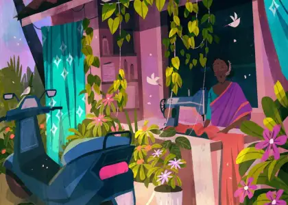 An artwork of a woman with a motorcycle in front of her