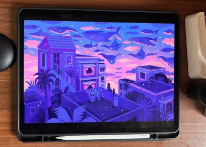 A tablet showing the digital artwork