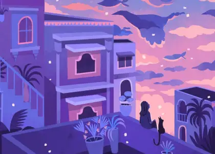 A digital artwork with shades of blue and purple