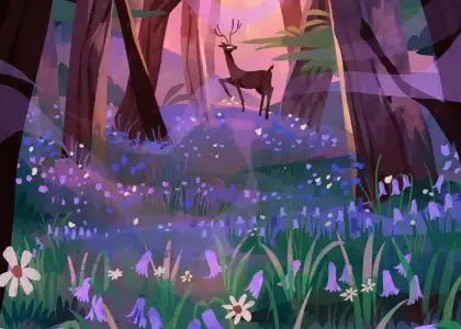 An artwork of a deer in a field of purple flowers