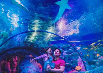 A father and daughter enjoying their time at the aquarium