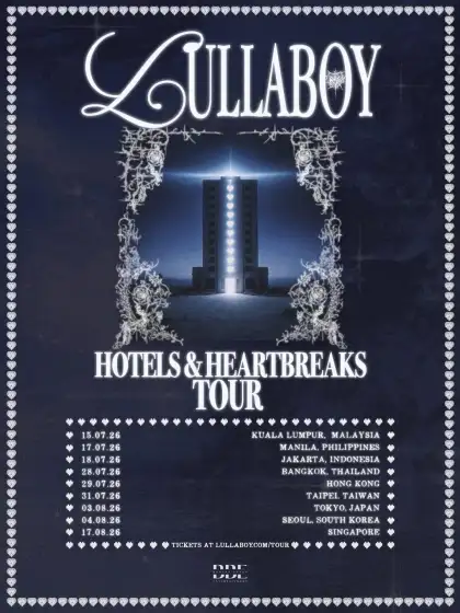 concert poster for lullaboy's "HOTELS & HEARTBREAKS" tour