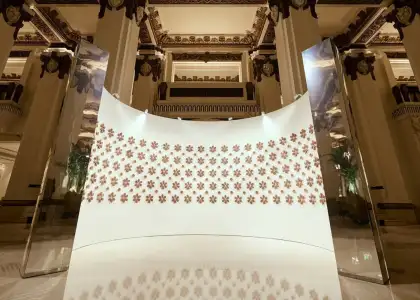 A ceramic installation in the middle of a hotel lobby