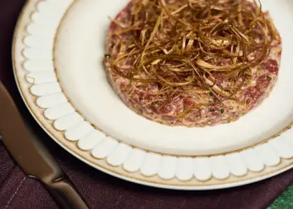 A plate featuring a single piece of cooked meat, garnished and ready to be served.