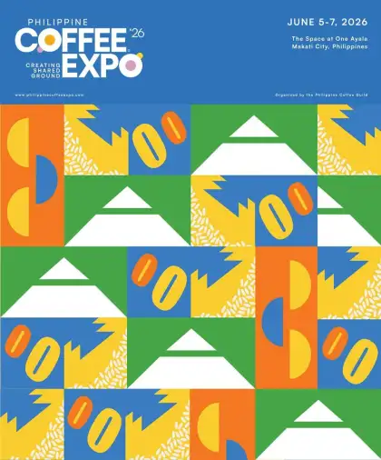 A blue, orange, yellow, green, and white poster with geometric features