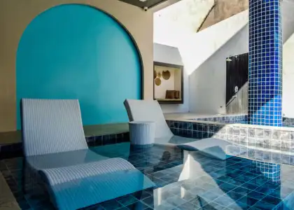 Blue lounge chairs in a modern interior