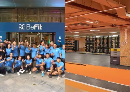 Right: BeFit Philippines grand opening team photo outside exterior of gym | Left: gym interior