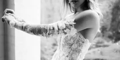 black and white shoulder level bridal shot