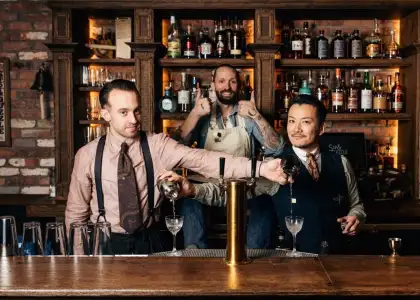 Sip & Guzzle co-owners Steve Schneider, Shingo Gokan, and former Head Bartender Ben Yabrow