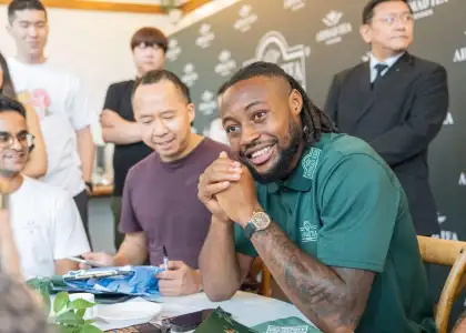 Manchester City star football player  Antoine Semenyo at Ahmad Tea event in Hong Kong