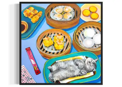 "Sunday Morning" painting by Hong Kong artist Zue Chan featuring a colourful bird's eye view of dim sum laid out on a table with her cat Peipei sprawled on a dish