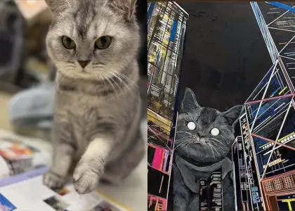 Hong Kong artist Zue Chan's cat Peipei posed with magazine | painting featuring Hong Kong cityline and Peipei