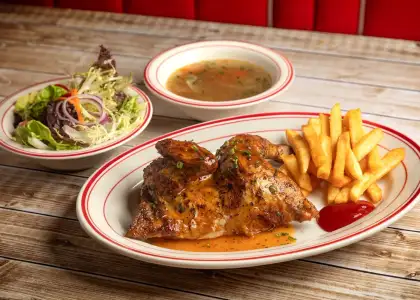 2 Flying Cock chicken, fries, salad menu