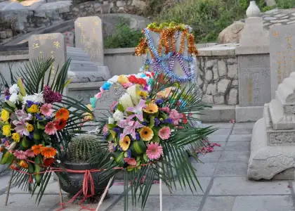 flowers decorating tombstones for ching ming festival