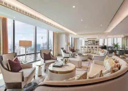 Elegant interior lounge at The Residences at The St. Regis Kuala Lumpur with panoramic city skyline views