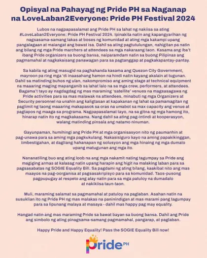 Pride PH Festival 2024 Organizers Official Statement