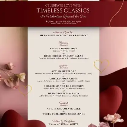 Apartment 1B 'Valentine Special for Two' menu poster