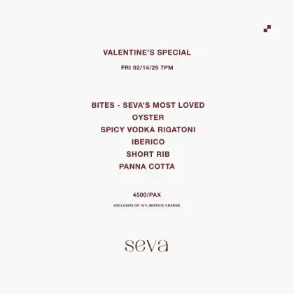 Valentine’s Day at Seva menu poster