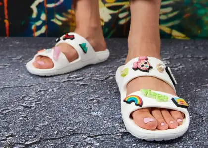 A pair of personalized Crocs flip-flops
