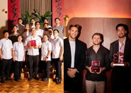 (Left Photo) Chef Andres Rendon and Uma Nota Team (Right Photo, from left) Amir Borsok, Alexis Offe, and Michael Needham