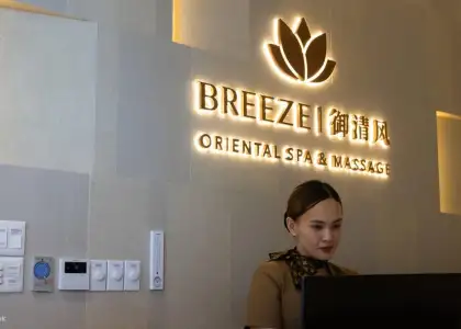 The image captures a well-lit interior scene of what appears to be a spa reception area