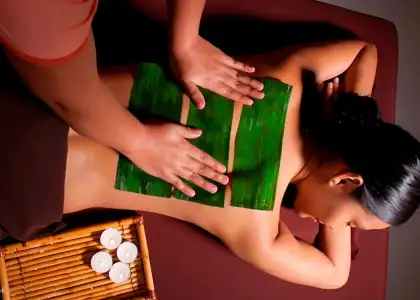 image captures a close-up, overhead view of a therapeutic massage