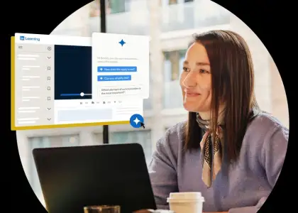 Smiling woman using a laptop at a cafe, with digital overlays of a LinkedIn Learning course interface