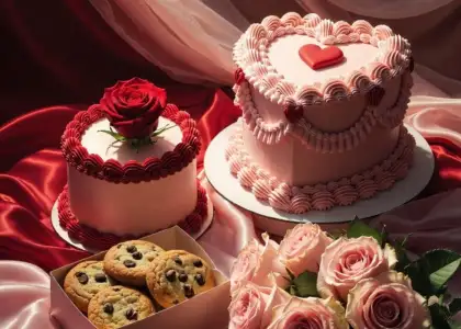 Heart-shaped pink cake with swirls and red hearts, round cake with red rose, cookies in a box, surrounded by soft pink roses on silky fabric