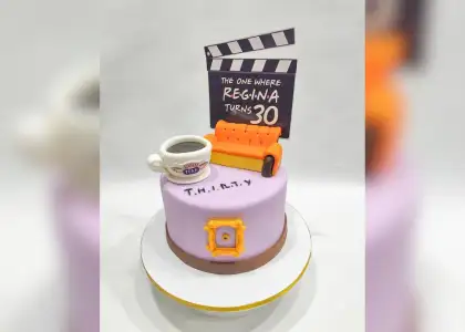 A "Friends" themed cake features a purple base with a yellow frame, and the words "THIRTY."