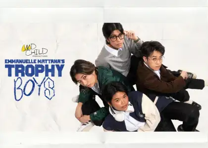 Poster for "Trophy Boys," showcasing the title with bold graphics and images of young athletes in action.