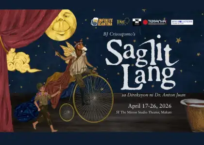 Poster for "Sagitt Lang," a musical featuring a man riding a bicycle against a vibrant, colorful background.