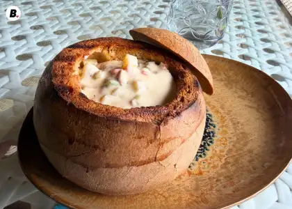 New England Clam Chowder in Bread Bowl at Firefish Restaurant