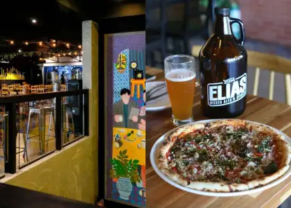 Elias Brewery QC interior and their growler beer and pizza