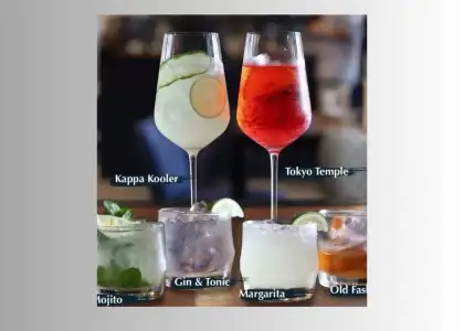 Cocktail menu displayed on the bar, showcasing a variety of drink options and specials for patrons.