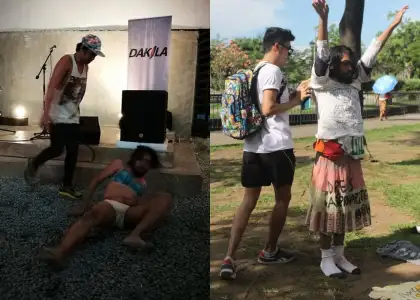 (From left) "This is How You Treat Women" and "Layers of Hate" performance art by Floyd Scott Tiogangco